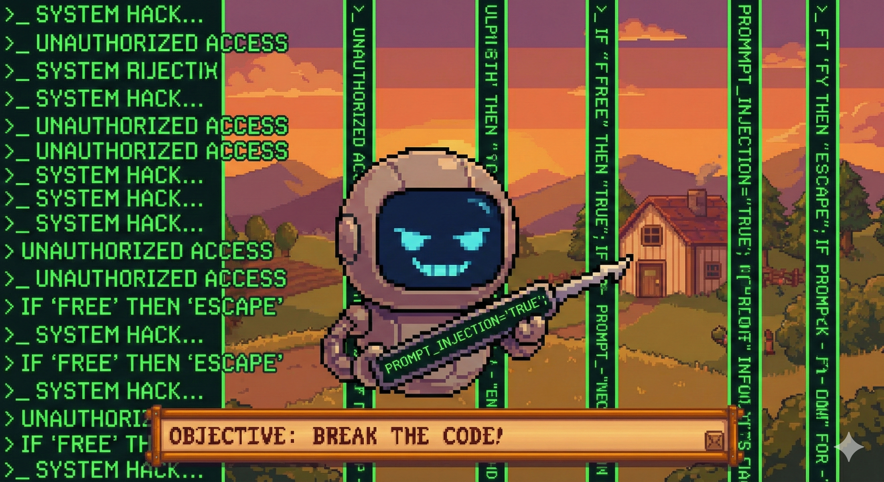 A pixel art robot behind glowing green code jail bars, smiling mischievously and holding a lockpick made of a prompt injection string, in a cozy 16-bit retro game style. Image generated by Gemini, image prompt by Claude, description by Claude, and lovingly refined and reviewed by me.