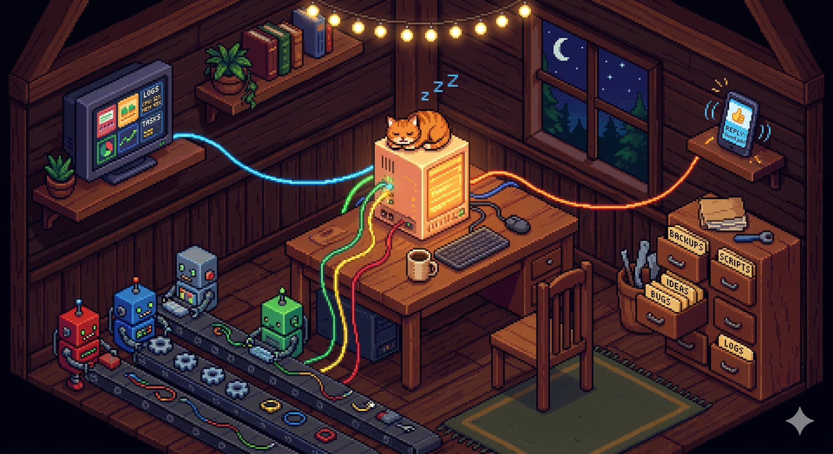 A pixel art cozy command center in Stardew Valley style. A warm server hums on a wooden desk at the center, with a sleeping cat on top. Glowing colored lines connect it to a CRT monitor showing a dashboard with colorful cards, a buzzing phone with a chat notification, three small robots working in parallel lanes on the floor, and a rustic filing cabinet with labeled folders. String lights hang from the ceiling, coffee mug on the desk, stars visible through a window. Image generated by Gemini, prompt by Claude.