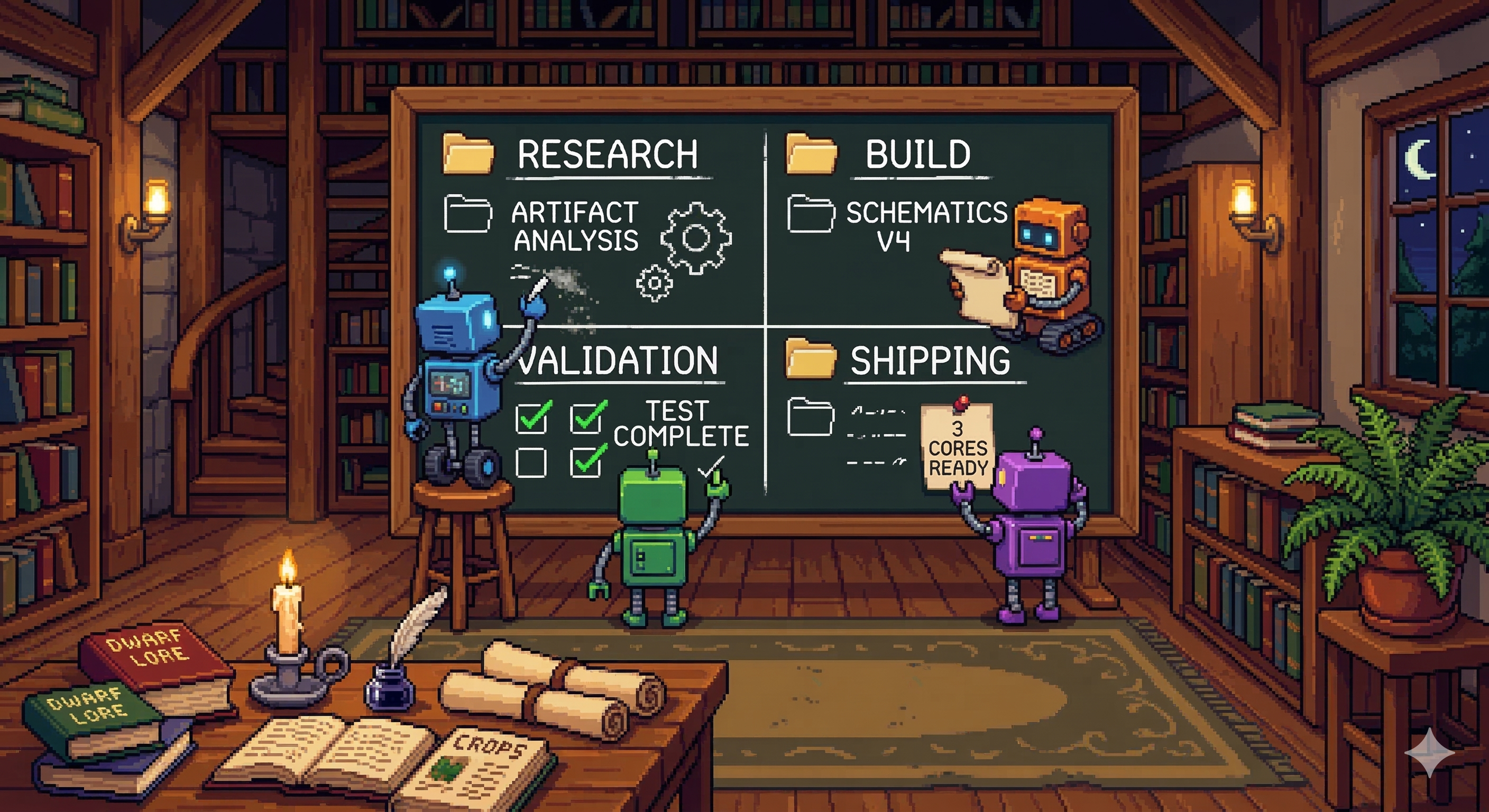 A pixel art library in Stardew Valley style. Three colored robots โ blue, green, and purple โ gather around a large chalkboard divided into four sections labeled Research, Build, Validation, and Shipping. Each robot reads or writes in its section with chalk. A candle-lit wooden desk holds scrolls and open books in the foreground. Cozy nighttime atmosphere with bookshelves and a moonlit window. Image generated by Gemini, prompt by Claude.