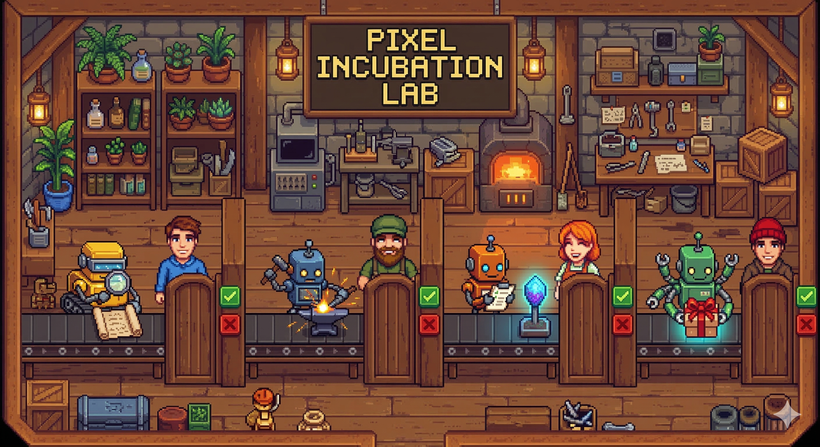 A pixel art incubation lab in Stardew Valley style. Four robot workers stand at stations along a conveyor belt โ one reads scrolls with a magnifying glass, one hammers at an anvil, one inspects a glowing object, and one wraps a gift box. Between each station a human stands at a gate with approve and reject buttons. Warm workshop vibes with potted plants and shelves. Image generated by Gemini, prompt by Claude.